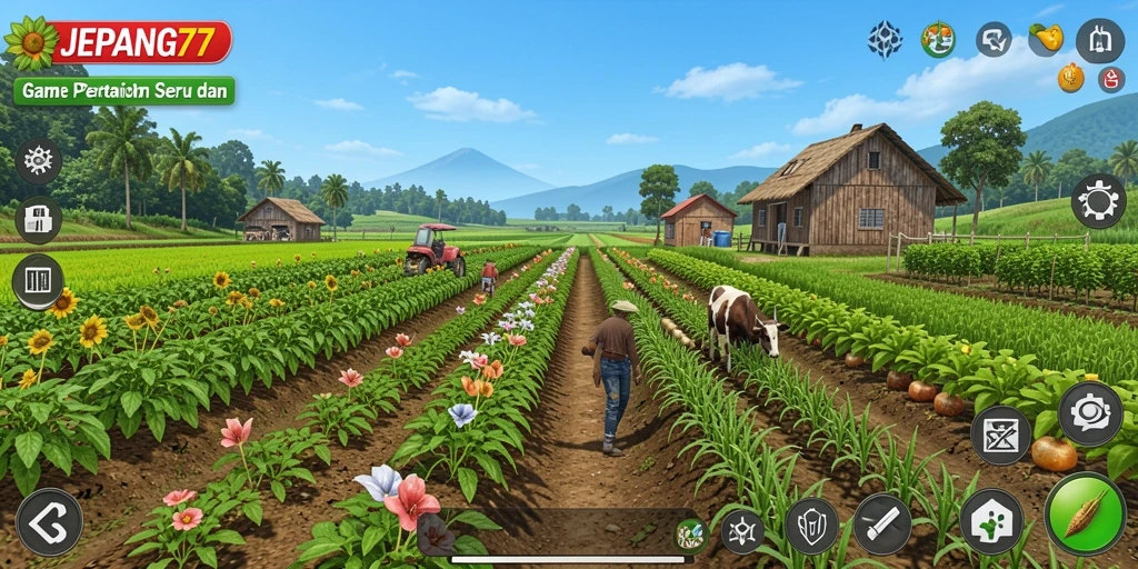 Tampilan gameplay seru di JEPANG77 dengan aktivitas bertani.