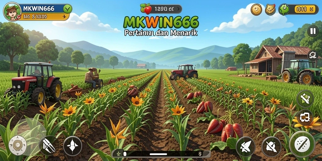Screenshot gameplay MKWIN666 menampilkan ladang yang subur dan hewan ternak.