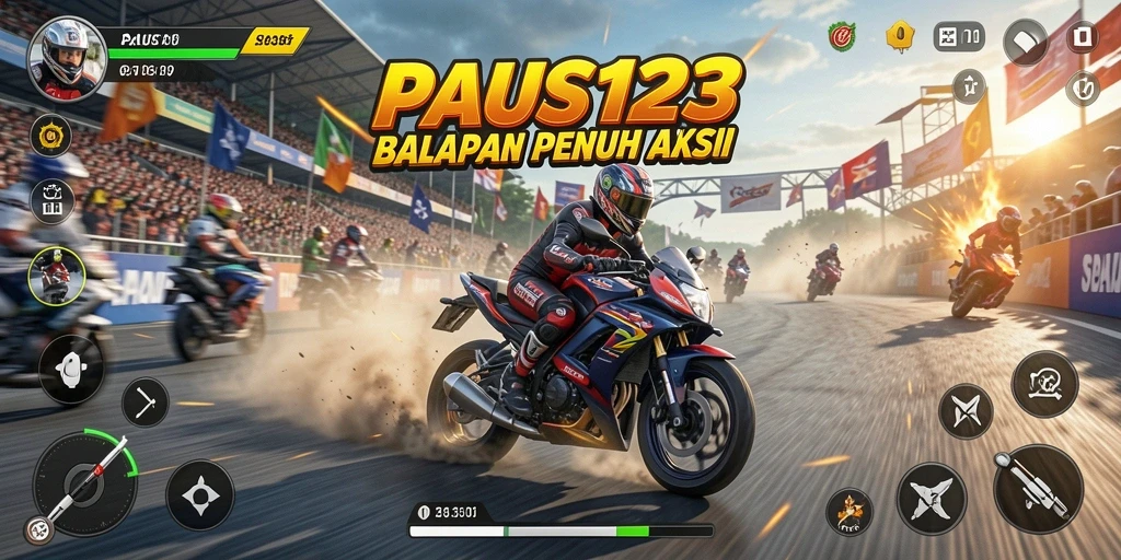 Tampilan gameplay menegangkan dari PAUS123, balapan motor yang mendebarkan.